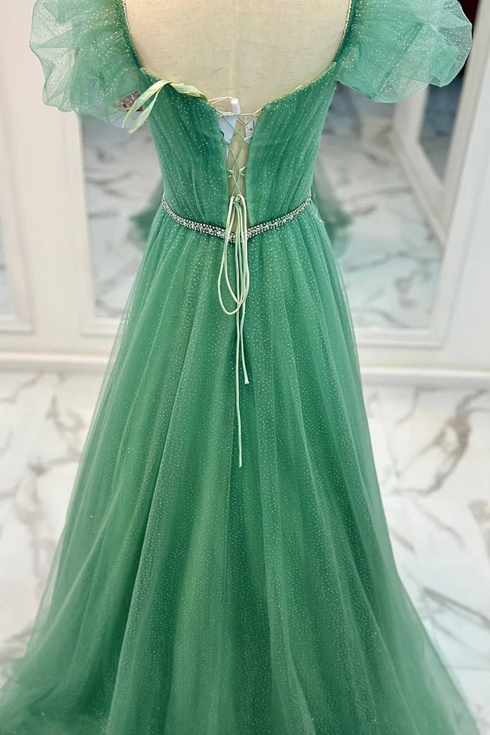Sea Glass Tulle A-line V Neckline Off-Shoulder Long Prom Dress