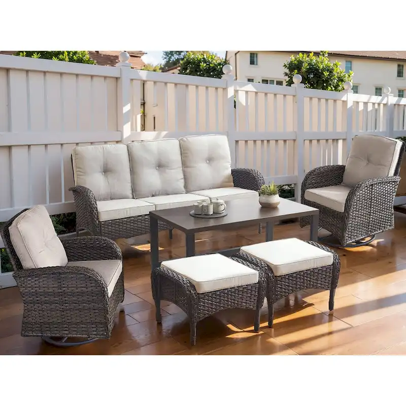 Patio Glider Rocking Chair with Sofa and Ottoman, Coffee Table - Brown