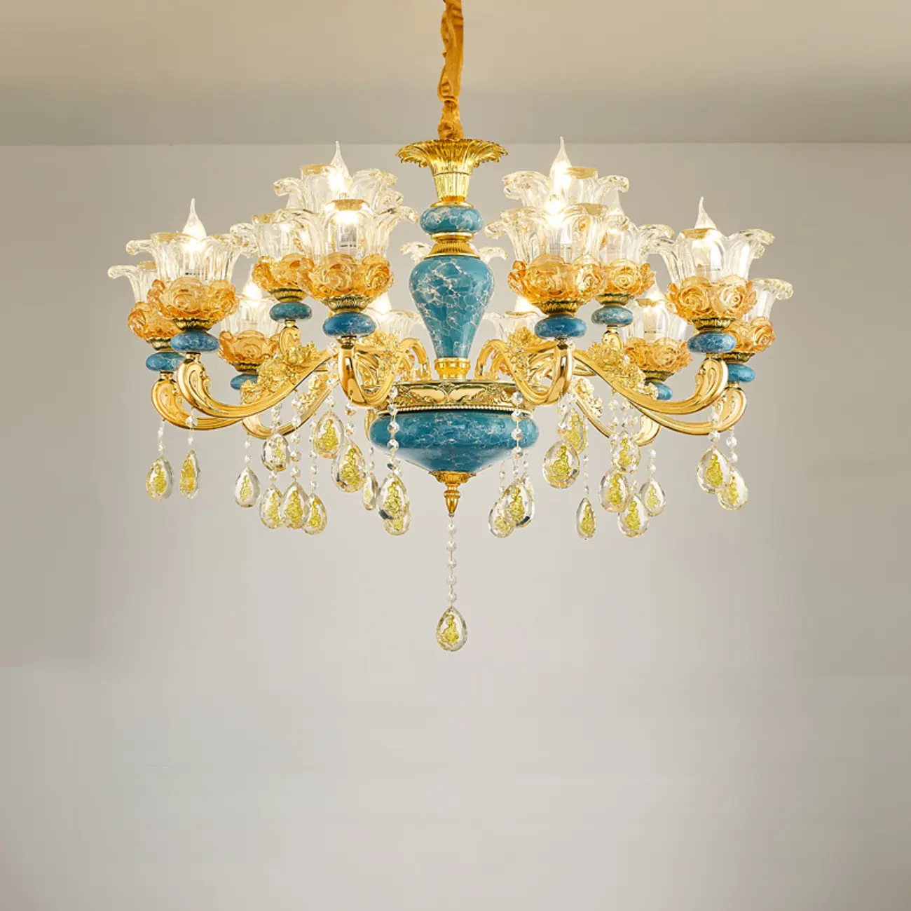 Large Luxury Brass Flower Shape Clear Glass Chandelier