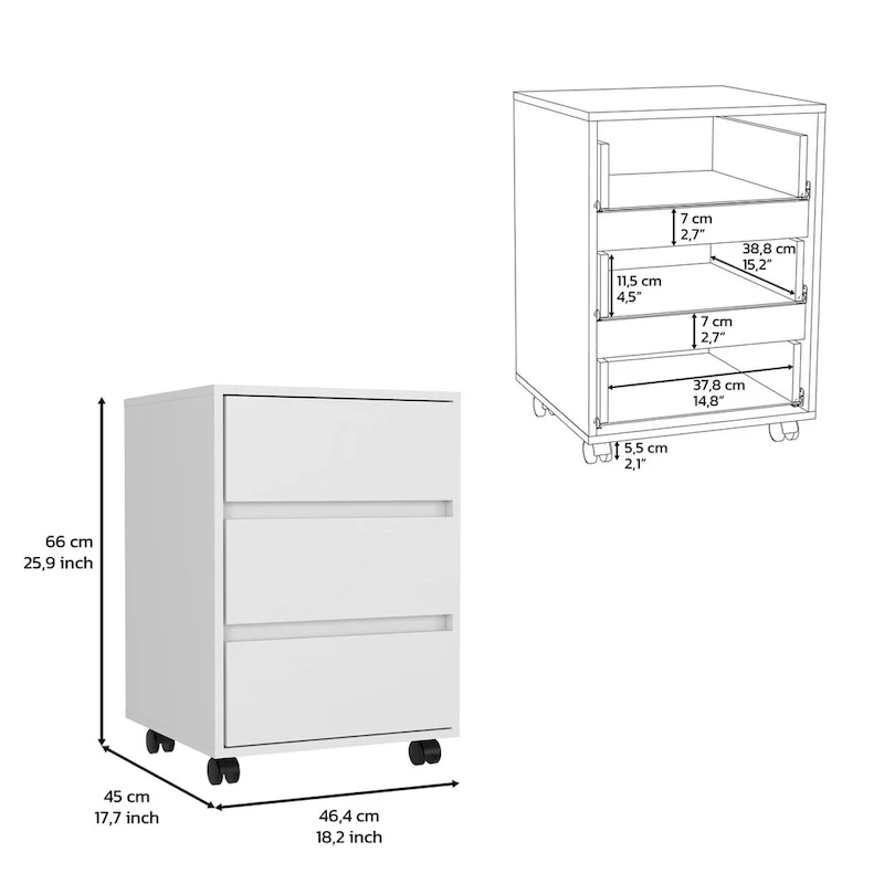 3-Drawer Mobile File Cabinet with Locking Wheels, White