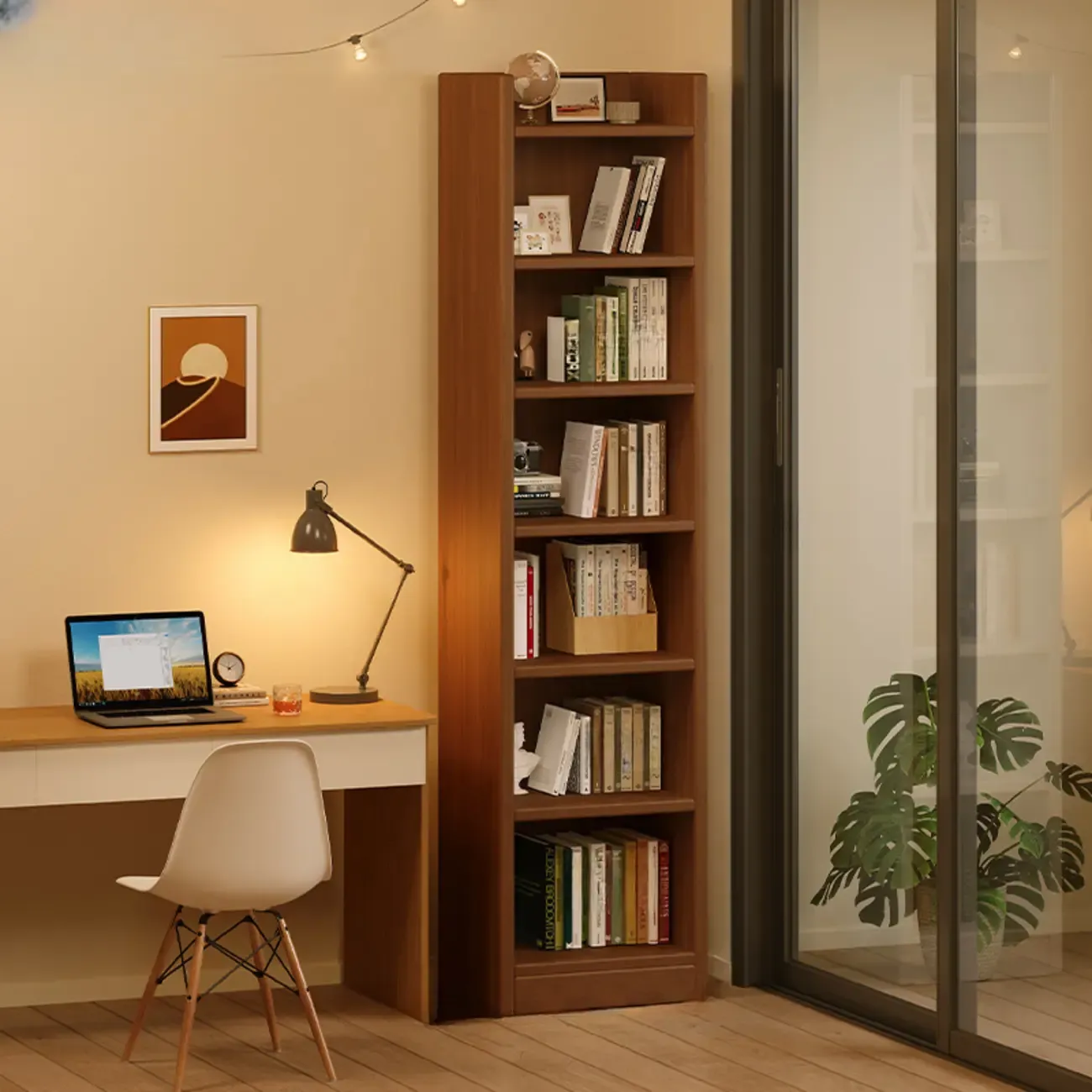 Rectangular Classic Nut-Brown Premium Wood 7-Shelf Bookcase