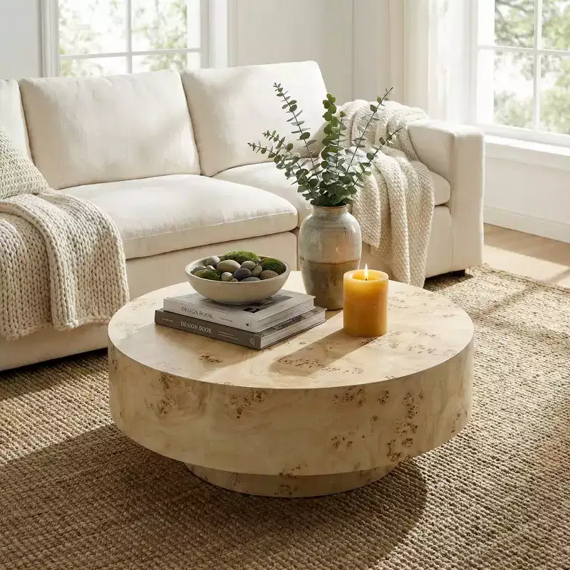 JVNOXK 31.49''Mid Century Modern Round Wood Coffee Table with Burl Wood Veneer and Sturdy Pedestal for Living Room Office Apartment