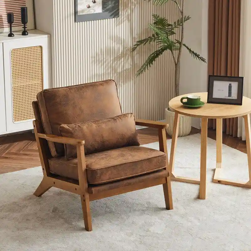Upholstered Linen Blend Accent Chair with Wooden Legs and Pillow, Beige