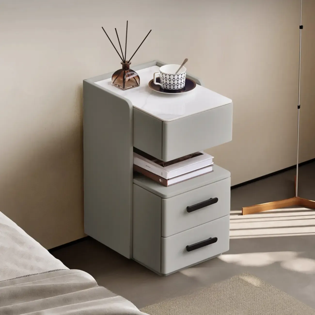 Compact Stone-Top Wooden 4-Tier White Nightstand