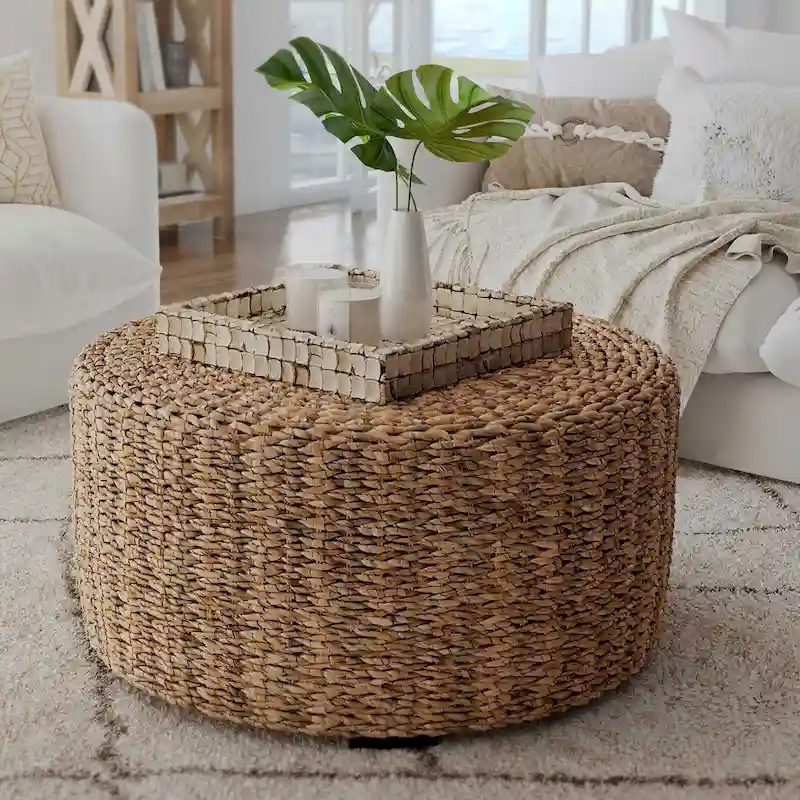 Tan & Brown Hand-Woven Abaca Round Ottoman / Coffee Table, 1-Seat