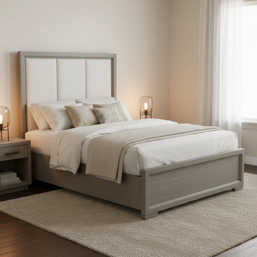 Brown and Beige Wire-Brushed Grey Twin Upholstered Panel Bed with Channel Headboard – 1-Person