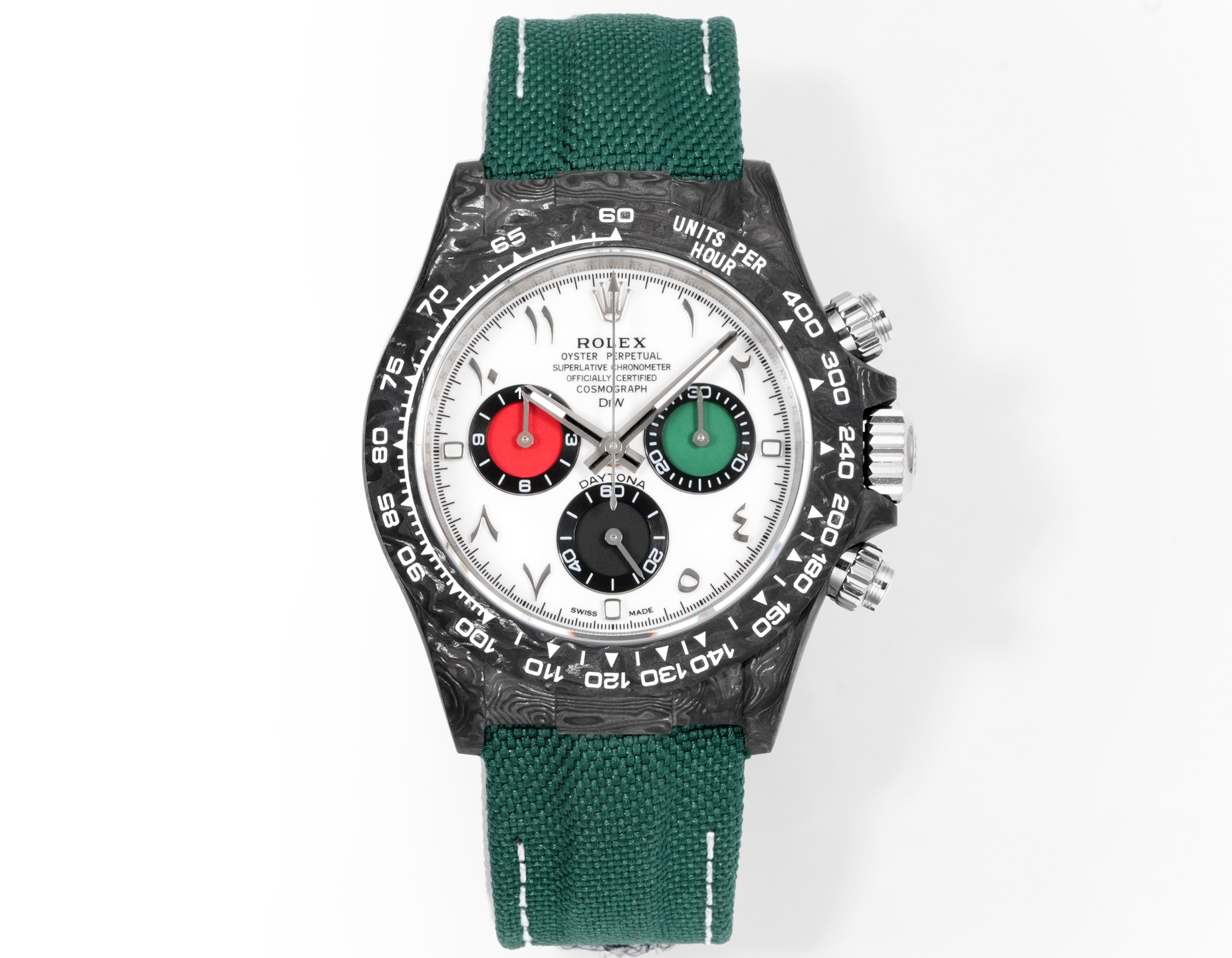 Rolex Daytona carbon fiber replica white dial green red sub-dials front view