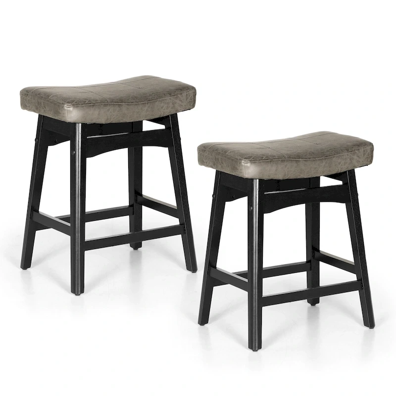 24 Inch Solid Wood Barstools with Linen / PU Leather Fabric Cushion, Set of 2