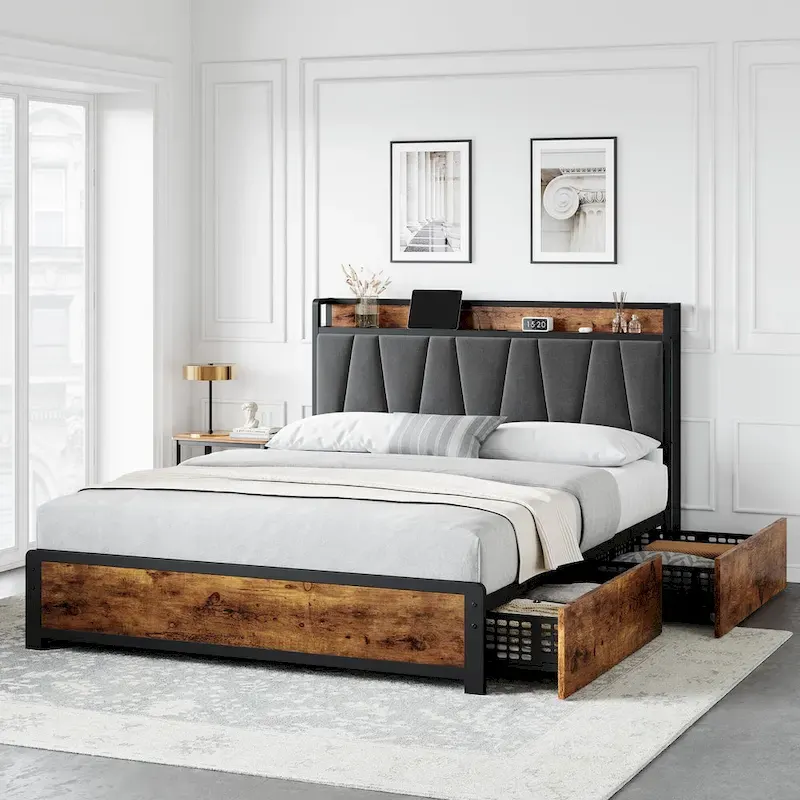 Platform Bed Frame with 4 Storage Drawers and Upholstered Headboard – Brown, Full / Queen, 1-2 Person