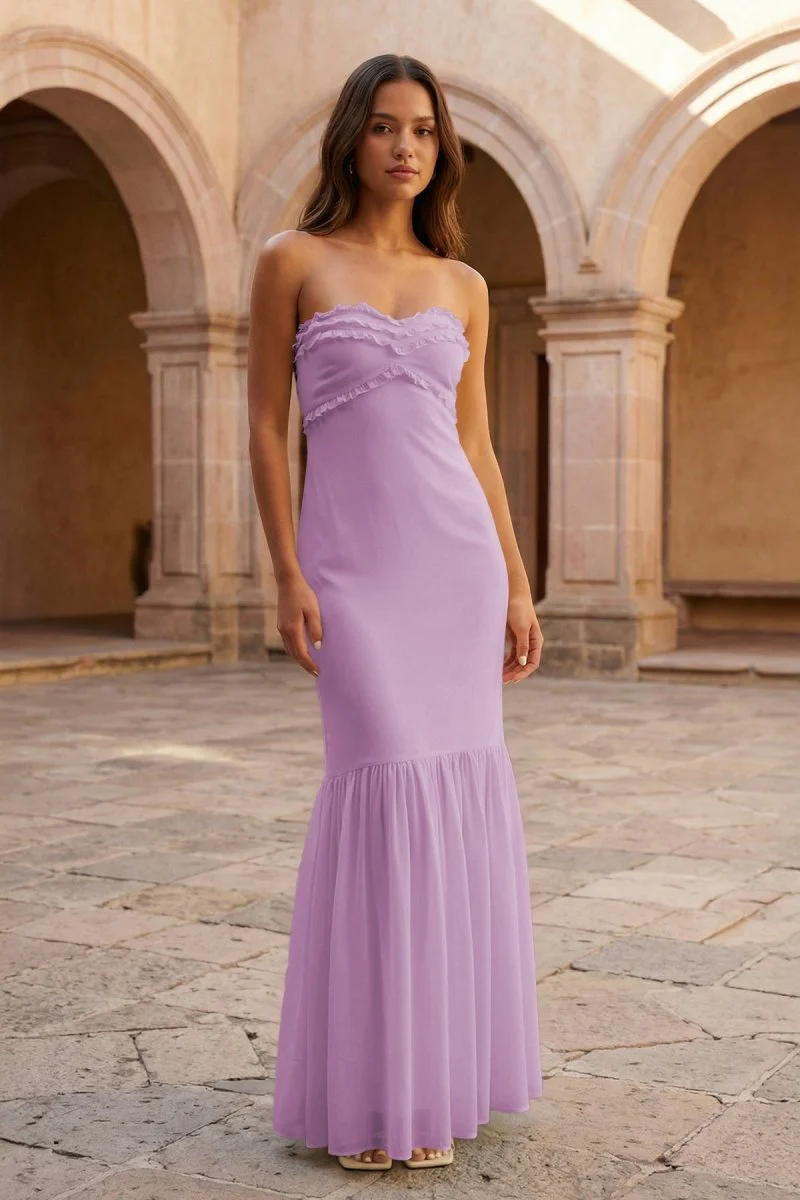 Yellow Strapless Sheath Chiffon Long Prom Dresses With Ruffles