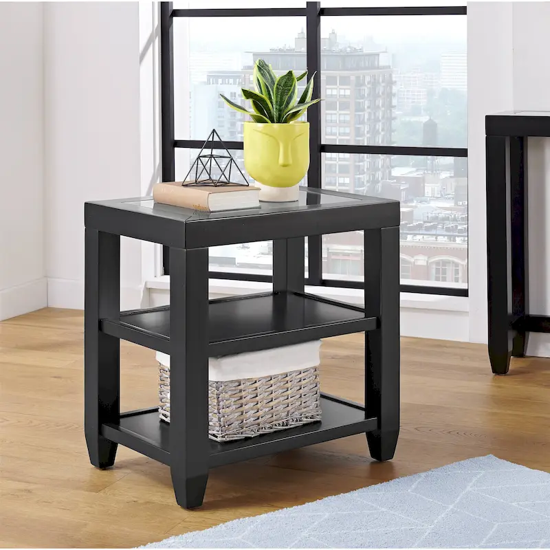 Black / White Glass Top End Table, 2-Shelf, Single