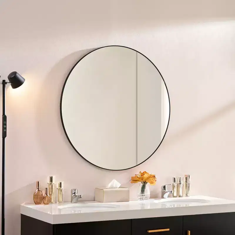 Okak 36IN Modern Round Mirror with Narrow Aluminum Frame, Wall Mount Bathroom Mirror, Vanity Mirror for Bathroom, Living Room, Black