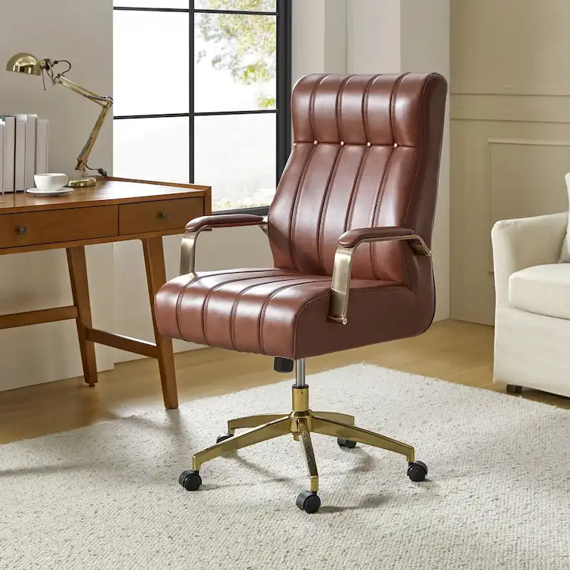 Curtiz Mid-Century Modern Vegan Leather Swivel Tilting Office Chair with Channel Tufted and Metal Feet by HULALA HOME