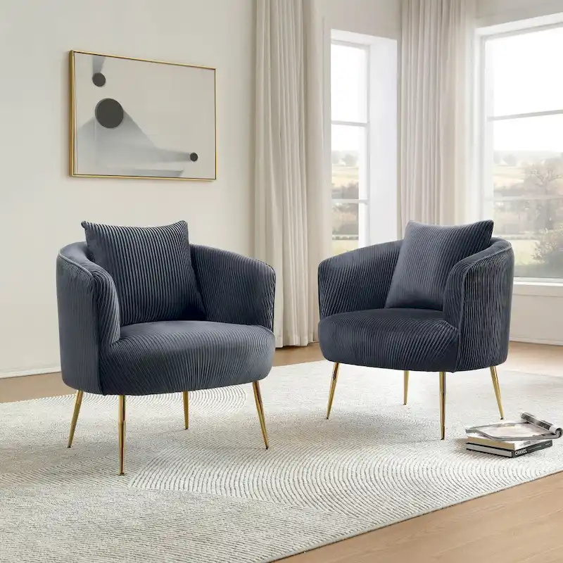 Velvet Barrel Accent Chairs with Golden Legs Set of 2