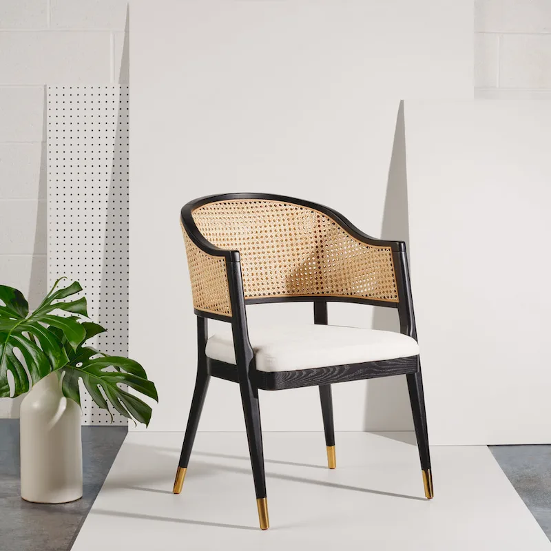 Mid-Century Rattan Dining Chair with Brass Caps — Contemporary Chic