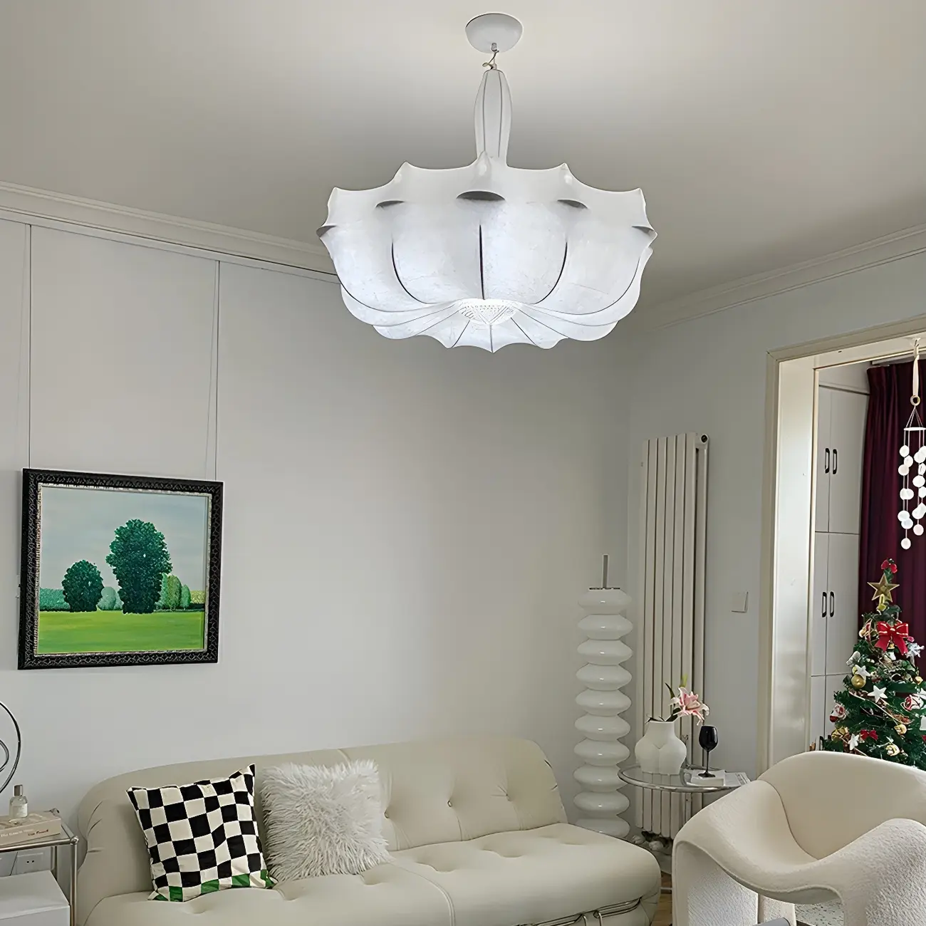 Modern White Flower-Shaped Drum Chandelier Height Adjustable