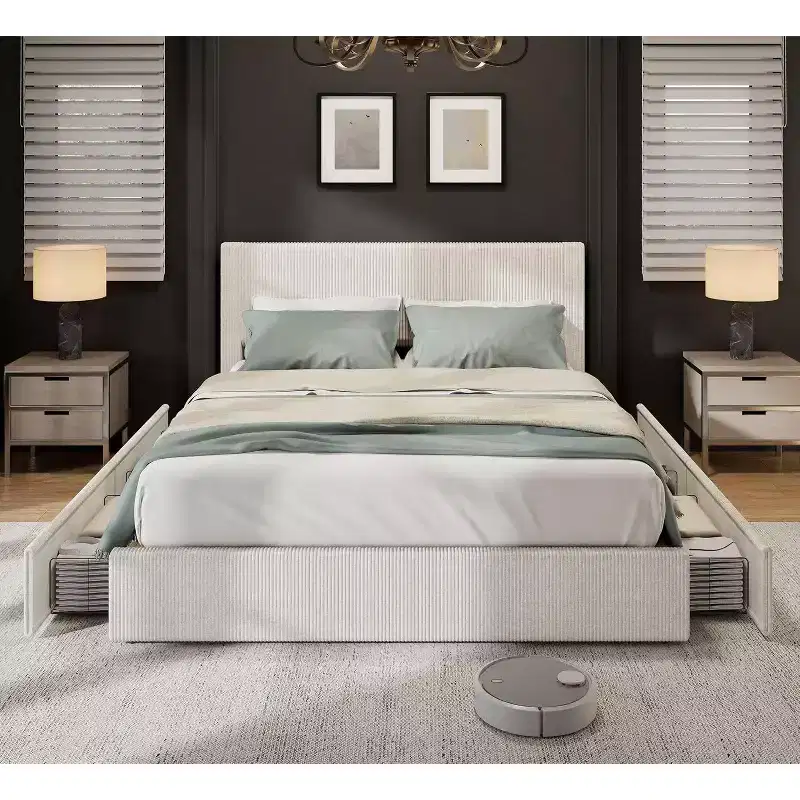 Full Size Bed Frame with 4 Storage Drawers, Upholstered Channel Tufted Wingback Headboard, Strong Wooden Slats Support, No Box Spring Needed.