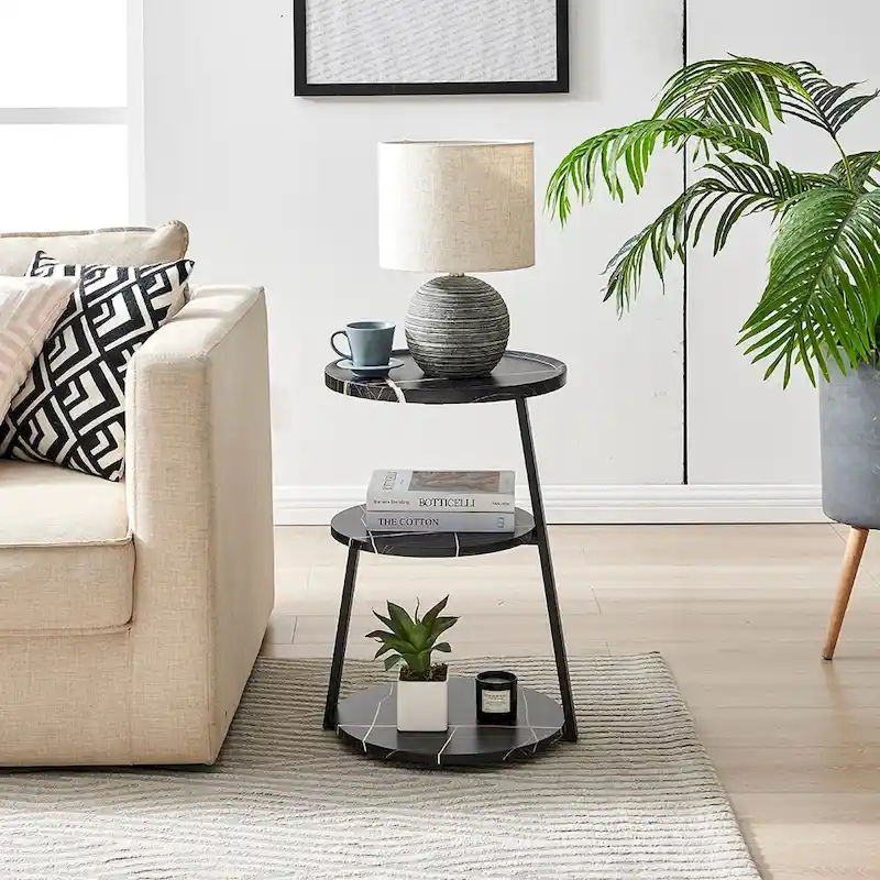 Round 3-Tier Side Accent Table with Raised Lip Edge and Asymmetric Metal Pedestal Legs