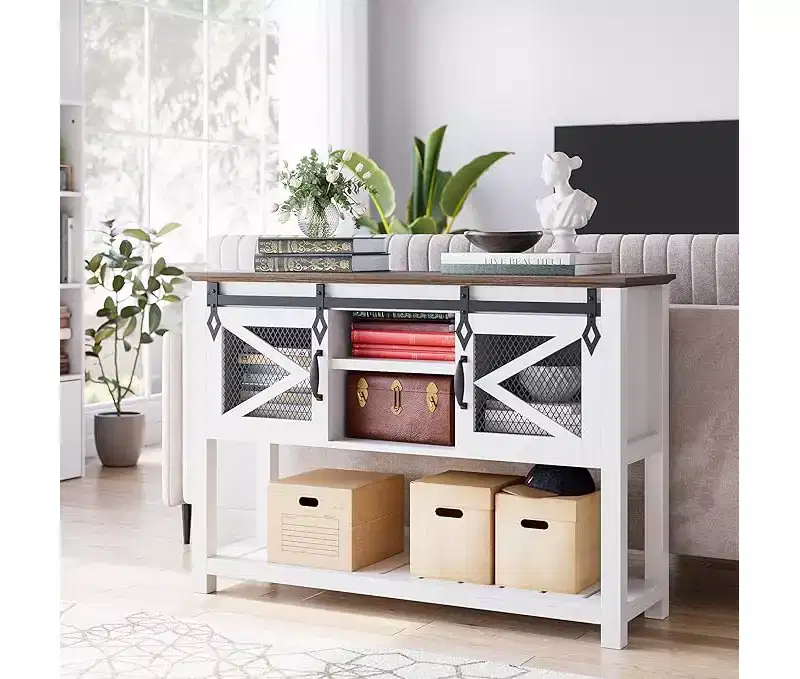 46 White Farmhouse Entryway Table with Sliding Barn Doors | Rustic White Wooden Console Table with Storage Shelves | Narrow Sofa Table