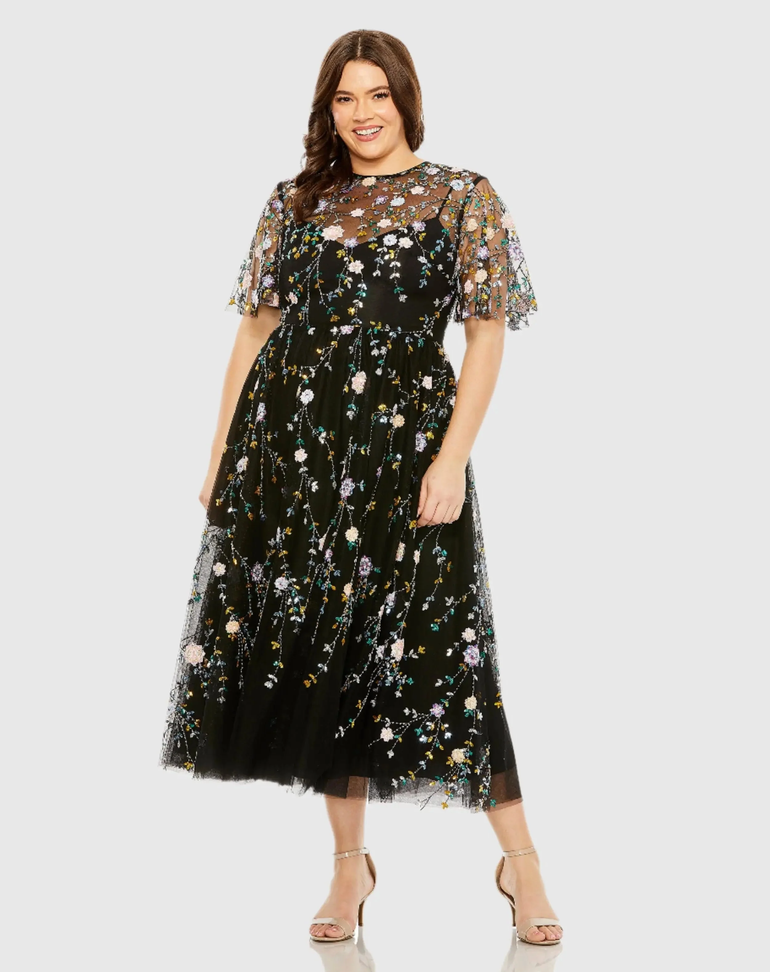 Black Floral Embroidered A-Line Midi Dress (Plus)