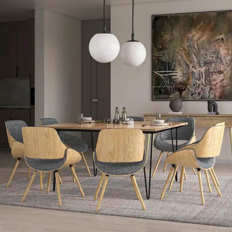 Mid Century Modern Bentwood Dining Chair with Light Wood in Polyester linen - 22.8 D x 20.9 W x 30.9H