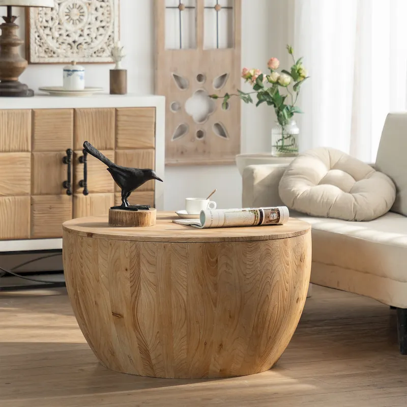 Natural Wood Barrel-Shaped Coffee Table with Storage