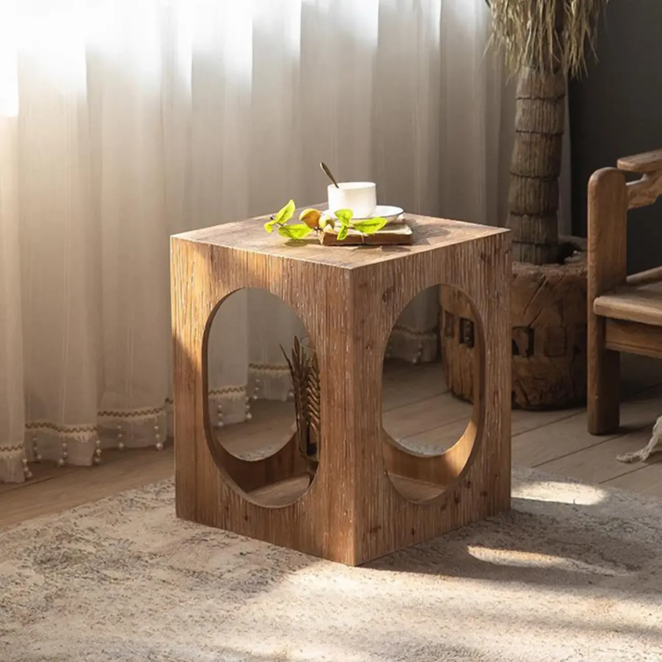 Natural Finish Square Rustic Wood End Table