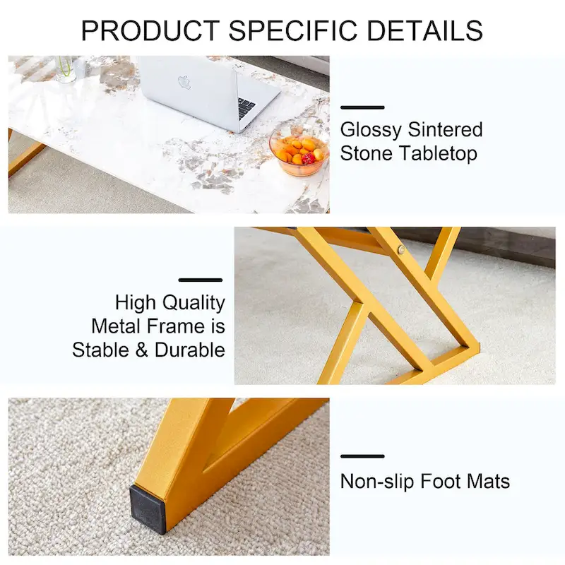 47 Modern Rectangular Coffee Table with Sintered Stone Tabletop and X-shaped Metal Legs