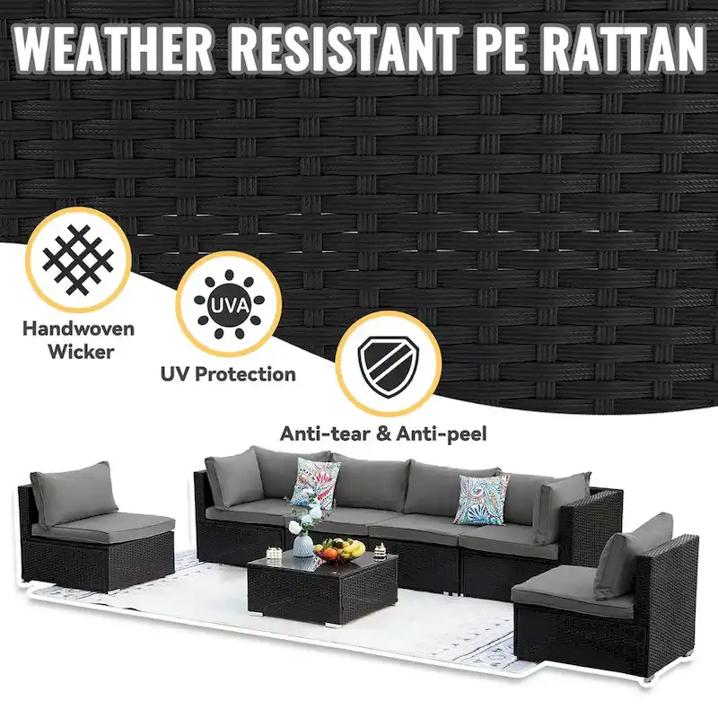 7-Piece Wicker Patio Conversation Set with Cushions and Glass Table
