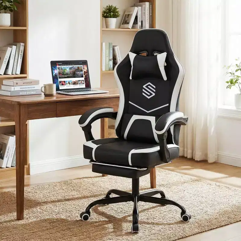 Costway Gaming Chair with Headrest, Lumbar Support, Linkage Armrests, Reclining Backrest Black & White/Navy Blue & Black