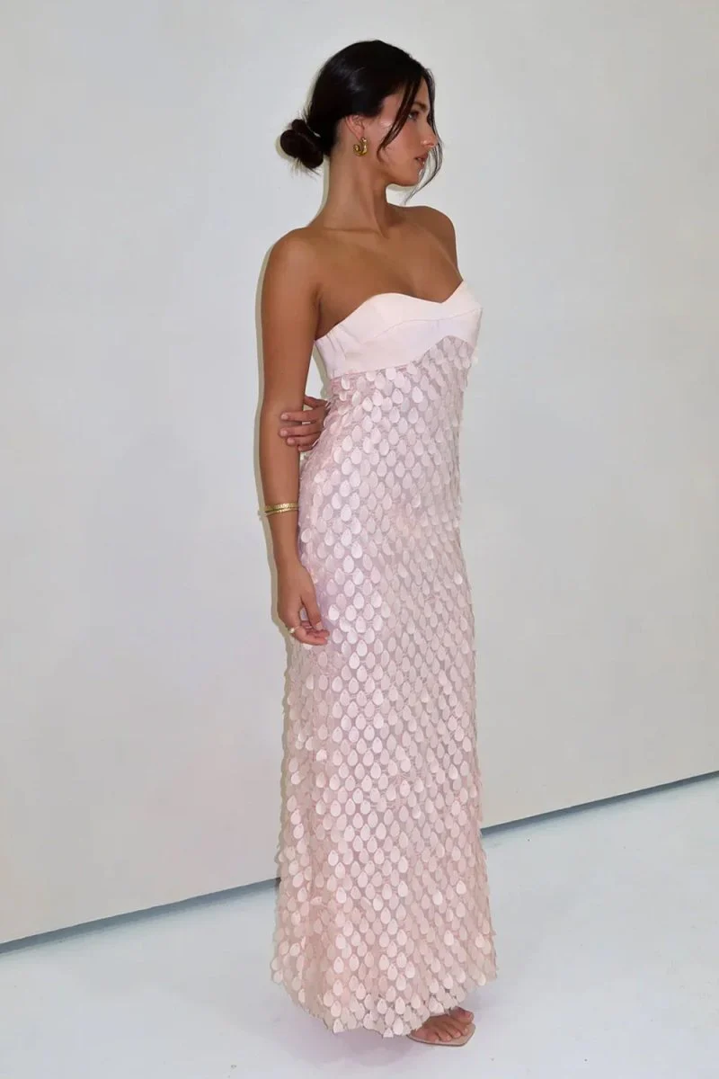 Pink - Sheath Strapless Long Prom Dresses with Sequins