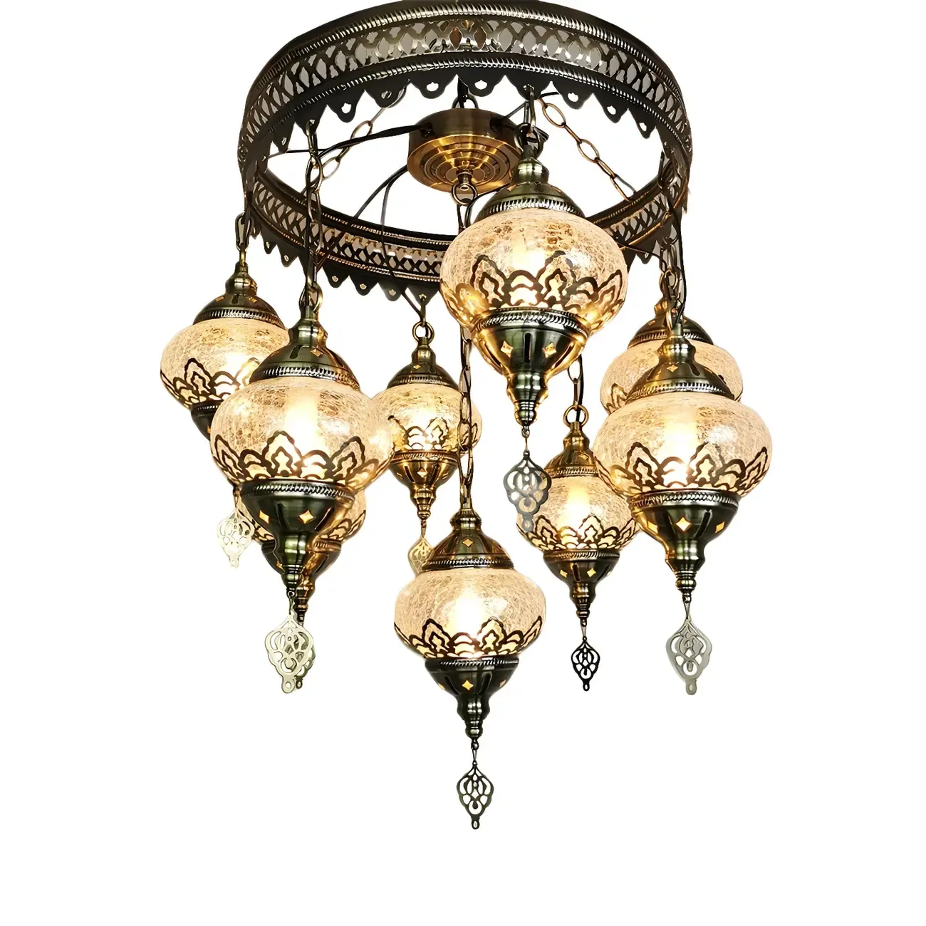 Retro 9-Light Bronze Glass Elliptical Chandelier