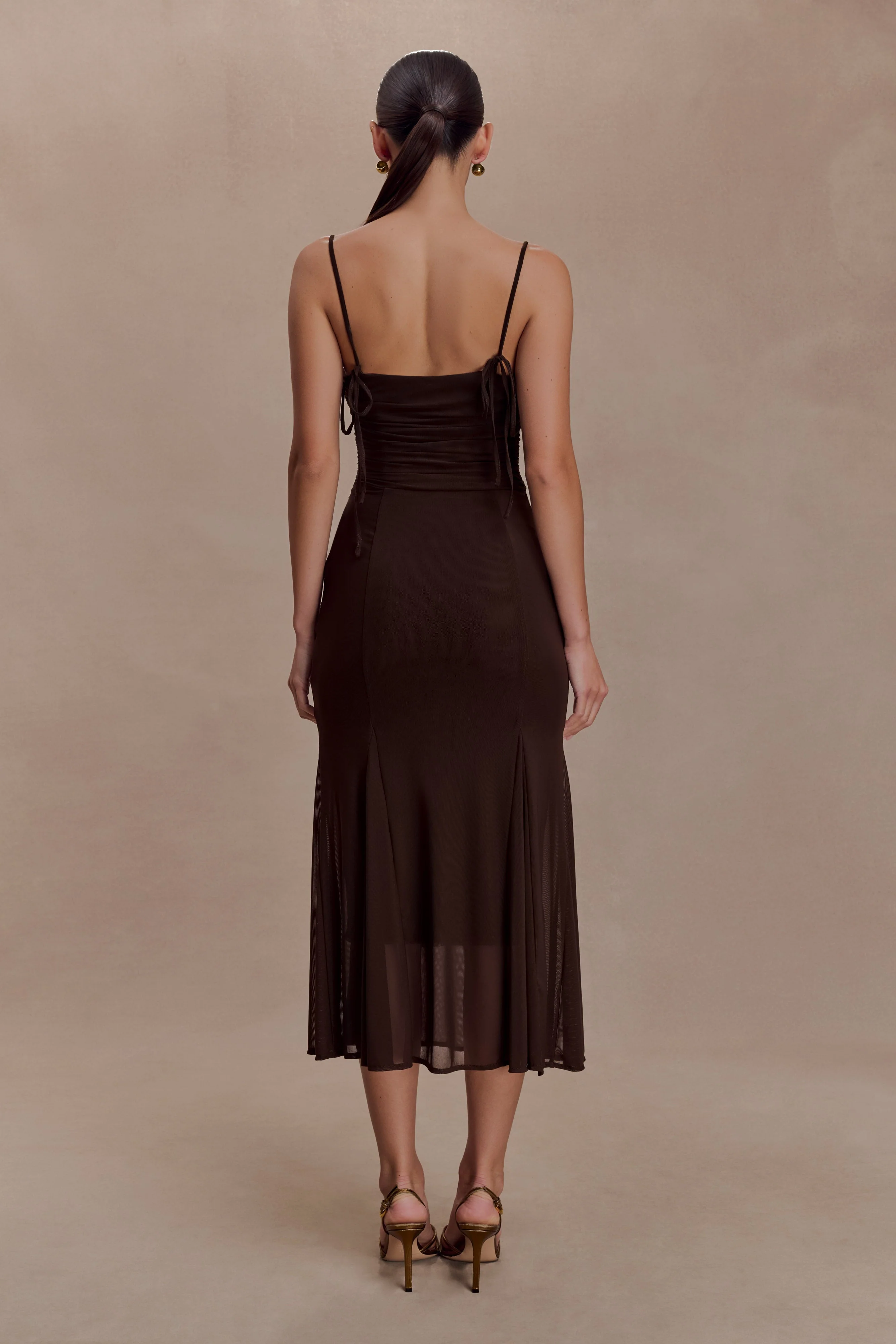 Willa Gathered Mesh Midi Dress - Chocolate