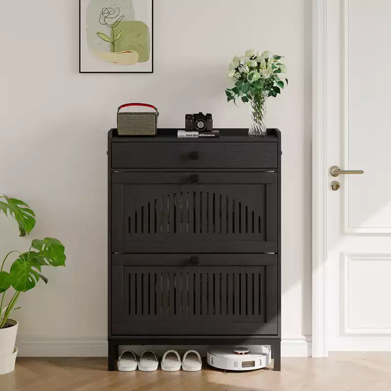 Shoe Cabinet with 2 Flip Drawers and 1 Large Drawer, Wooden Shoe Organizer Cabinet with Adjustable Shelf, Shoe Storage, Hidden Shoe Cabinet