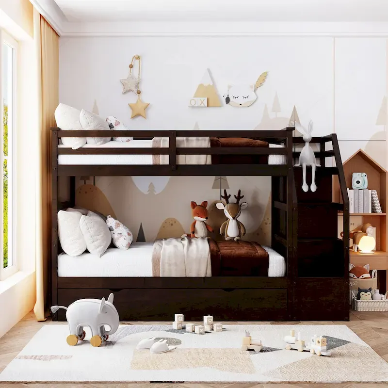 Twin Over Twin Bunk Bed with Trundle and 3 Storage Stairs