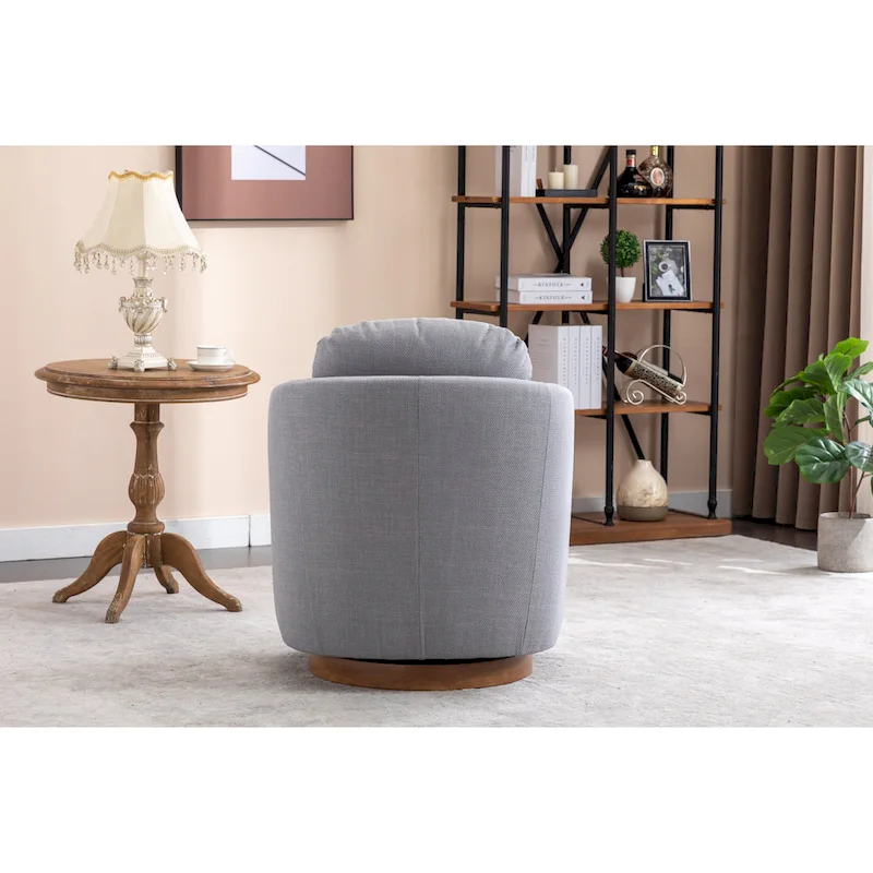 Light Blue Modern 30.3 Upholstered Swivel Accent Chair with Soild Wood Round Brown Base