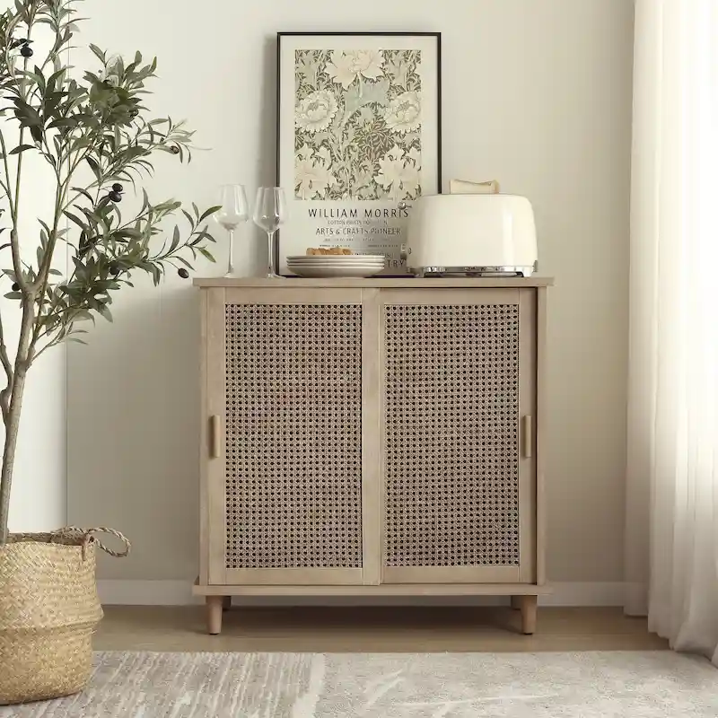 Natural Bamboo / Walnut Woven Rattan Accent Cabinet with Sliding or Standard Doors – Single Unit