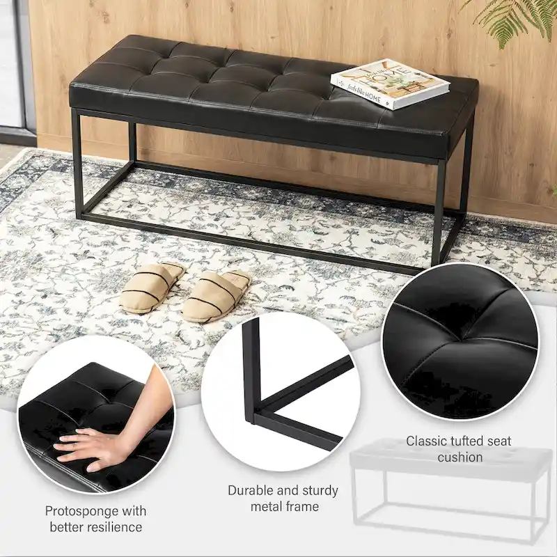 45W Modern Black Tufted Upholstered Bench with Metal Frame Legs - 45W x 19H x 17.5D