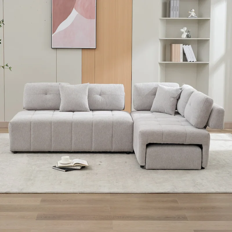 91.73  L-Shaped 4 Seater Sectional Sofa with 2 Hidden Stools, 2 Removable Lumbar Pillows, and Durable Chenille Upholstery