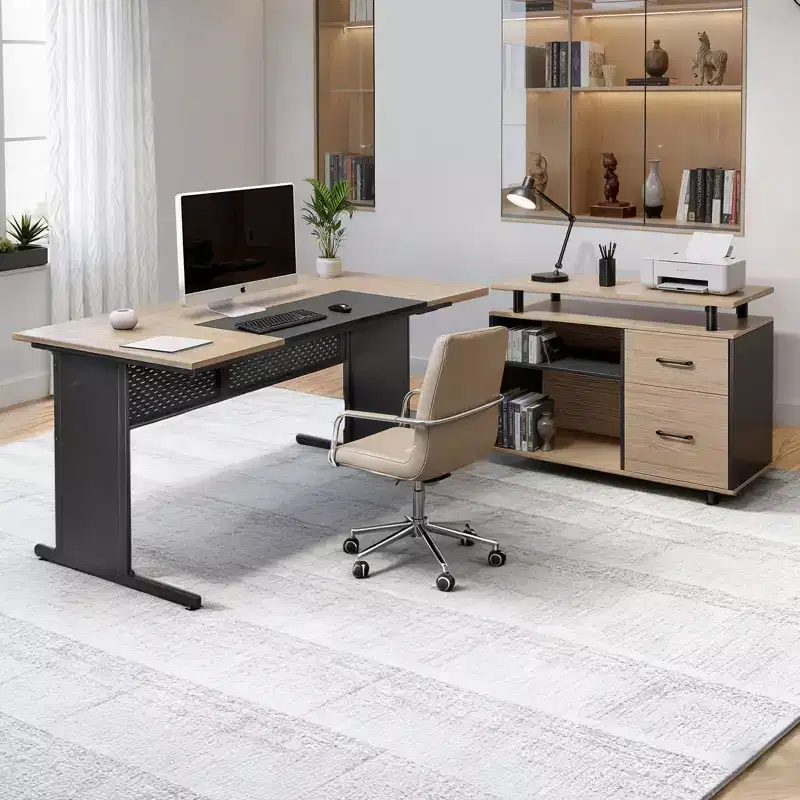 VEVOR L-Shaped Executive Desk, Modern Reversible Office Table with Drawers & Storage Cabinet, 350 LBS Load Capacity, Black&Brown