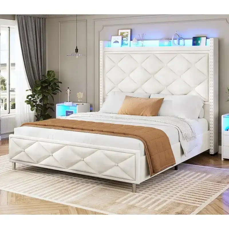 LED Bed Frame with 51.2  Tall Headboard Charging Station