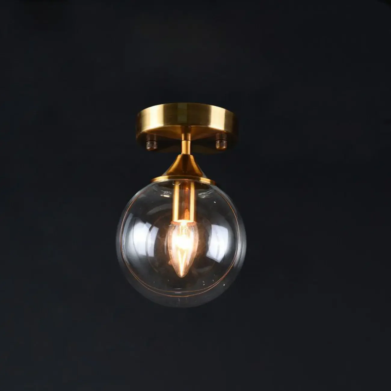 1-Light Circular Brass Glass Ball Semi Flush Ceiling Light