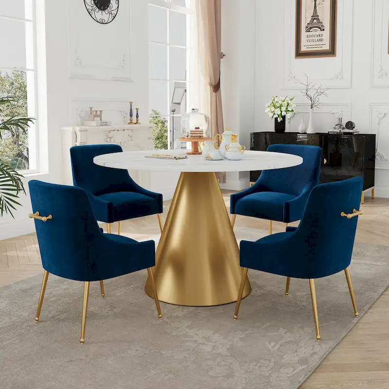 48 Marble Top Metal Dining Table with Velvet Dining Chair Set