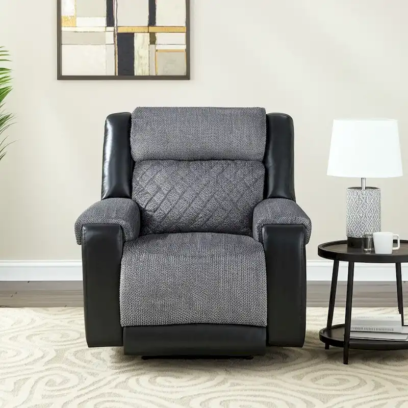 Manual Recliner Glider Chair, 2-Position, Faux Leather and Fabric, Modern Style, Black / Gray, 1 Person