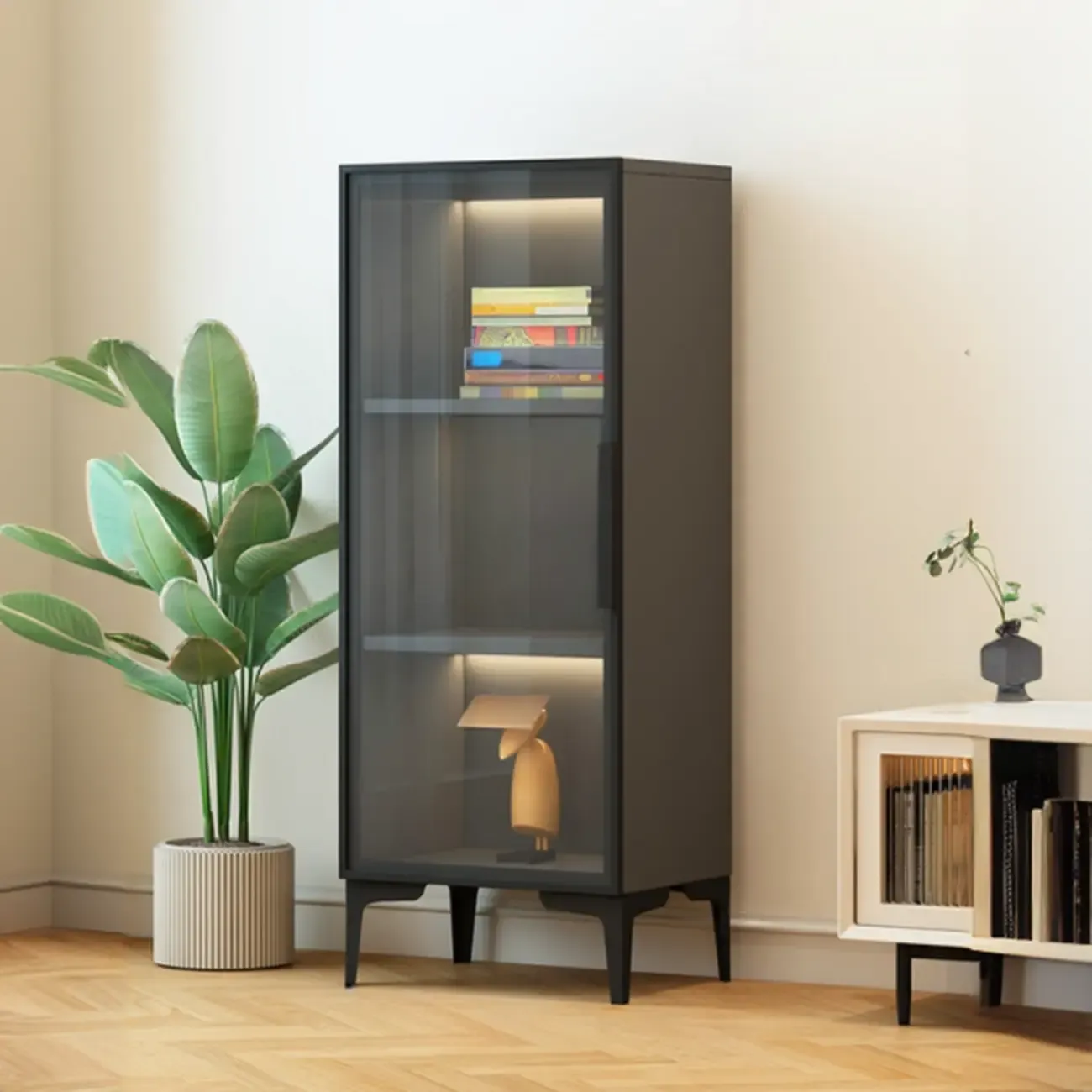 Modern Black Wood Clear Glass Lighting Display Cabinet