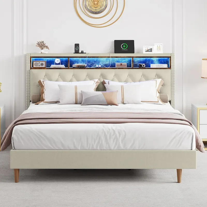 Moasis King Upholstered Headboard Bed Frame with LED