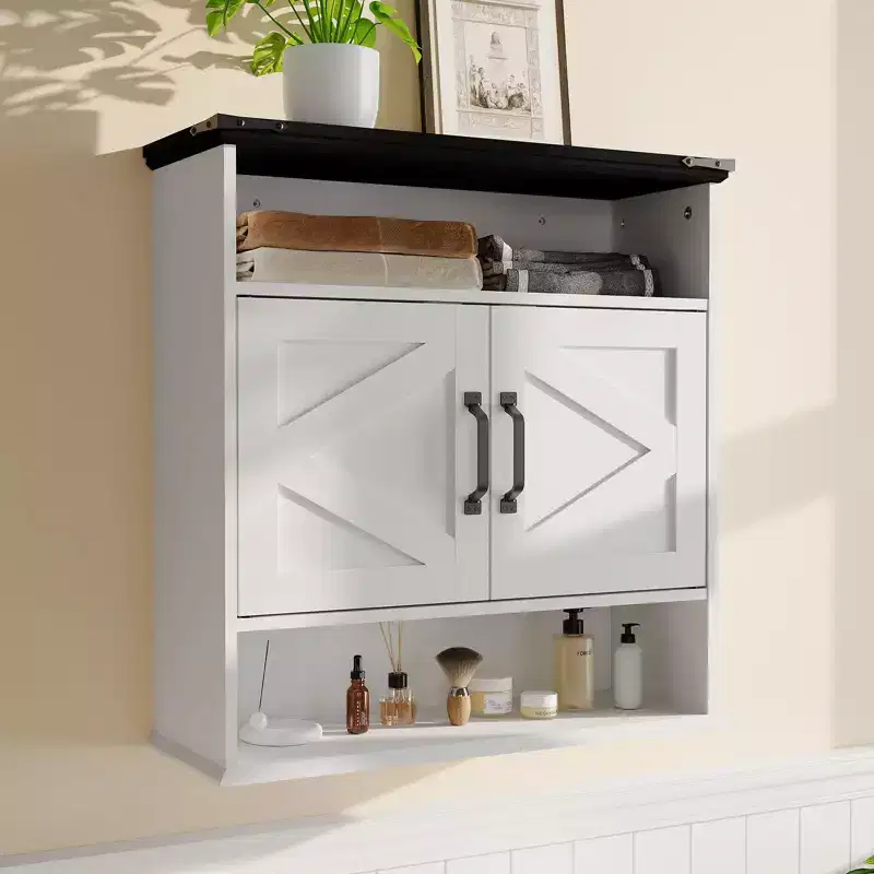 Bathroom Wall Cabinet Over The Toilet Storage with Barn Doors & 2 Drawers, Adjustable Shelves Farmhouse Bathroom Organizer