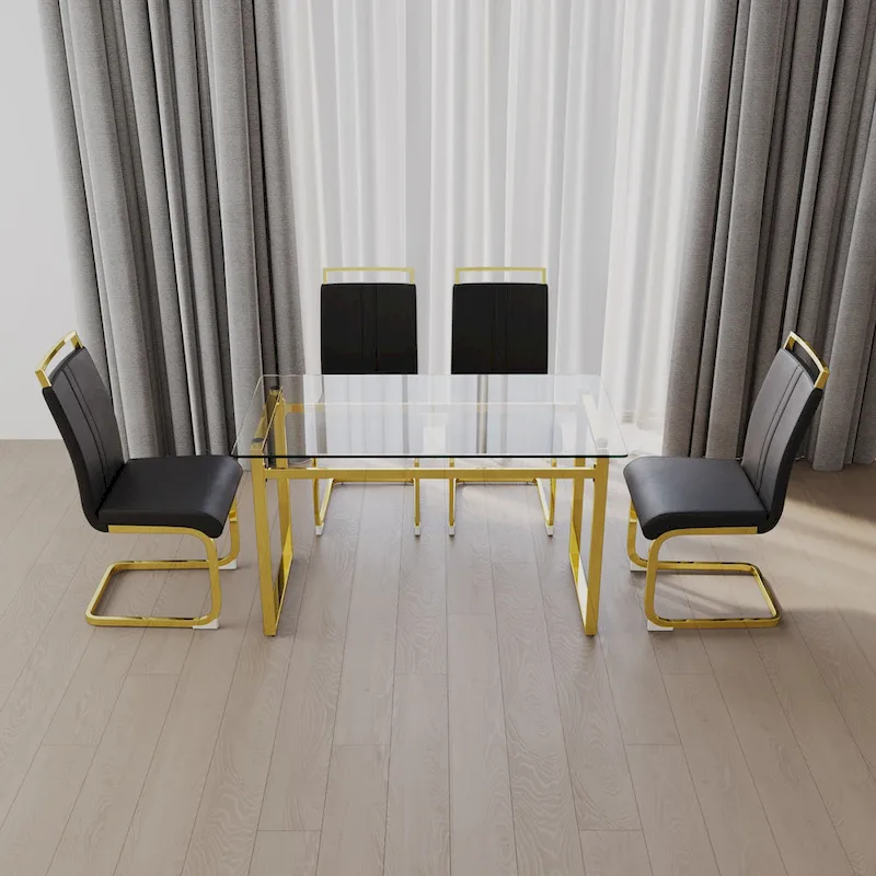Modern Style 5-Piece Dining Set with Rectangular Tempered Glass Table and High Back Golden Plating Legs Dining Armless Chairs