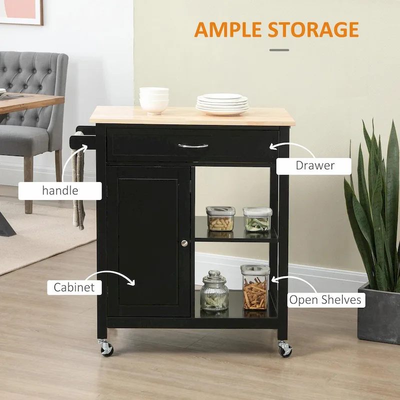 Rolling Kitchen Island Cart with Solid Wood Top and Drawer