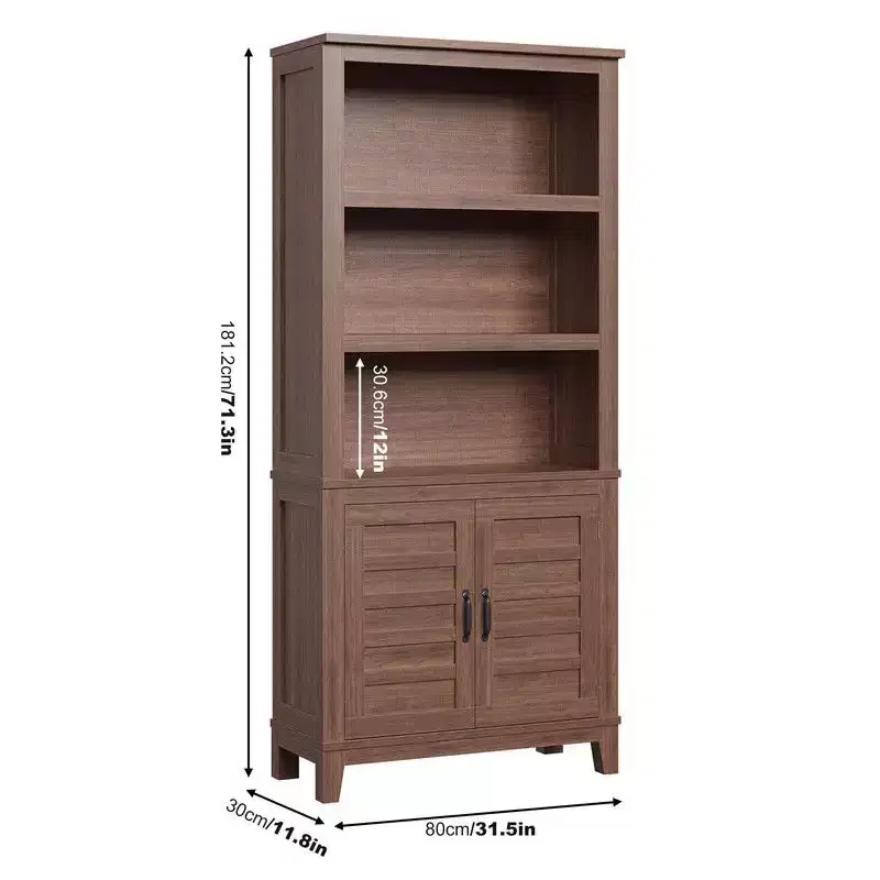Bookcase with Door 5 Tier Storage Bookshelf Wooden Farmhouse Bookshelves Rustic Vintage Etagere Walnut,Brown,Set of 2